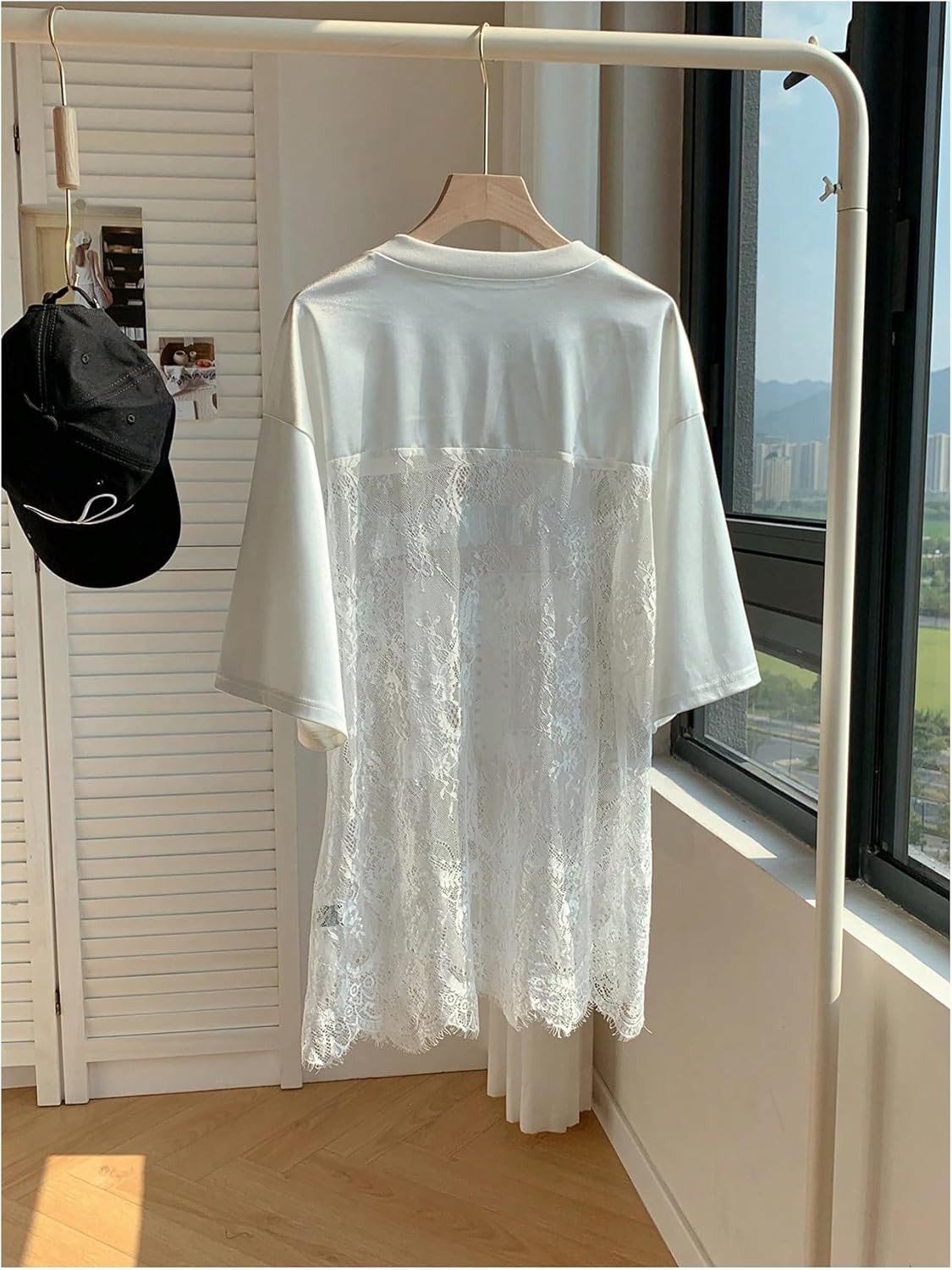 MakeMeChic Lace Jersey Shirts for Women V Neck Letter Graphic Tee Oversized Sheer Tops - Image 2