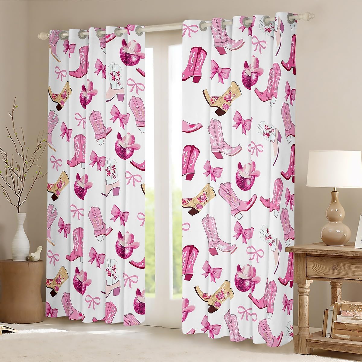 Manfei Cowgirl Kids Blackout Curtain,Princess Bow-tie Dreamy Bowknot Window Drapes for Girls Women,Cowboy Boots Hats Disco Ball Pink White Window Treatments Grommet Top 2 Panel Set,38Wx45L inch