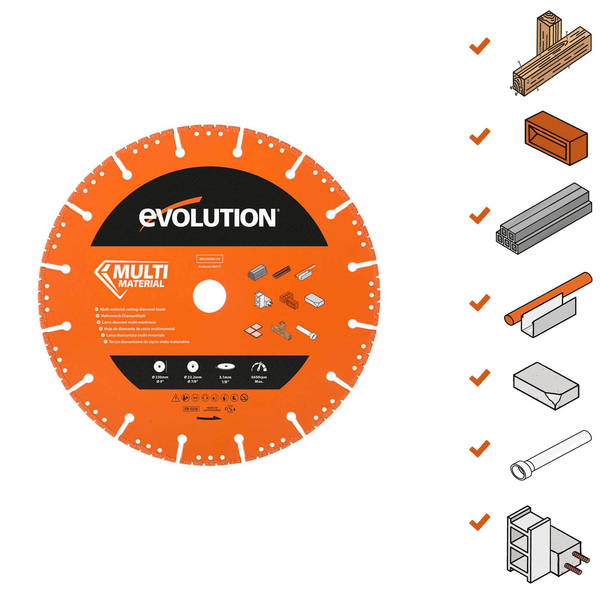 Evolution - Lame diamantée multi-matériaux de 230 mm pour coupe-disques - Diamants de qualité supérieure - Idéal pour couper le métal, la brique, les carreaux et le plastique