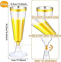Vista 2 de 100 Pack Plastic Champagne Flutes, 5 oz Disposable Plastic Party Champagne Cups, Clear Toasting Wine Cocktail Glasses Bulk with Gold Rim for Wedding