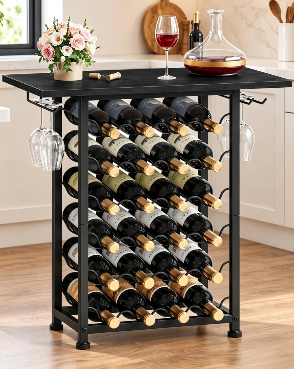 FAVOOSTY 24 Bottles Wine Rack Freestanding Floor, Wine Storage Racks with Wooden Table Top, Wine Shelf with Glass Holder, Liquor Stand for Kitchen, Living Room, Dining Room, Home Bar, Rustic Brown
