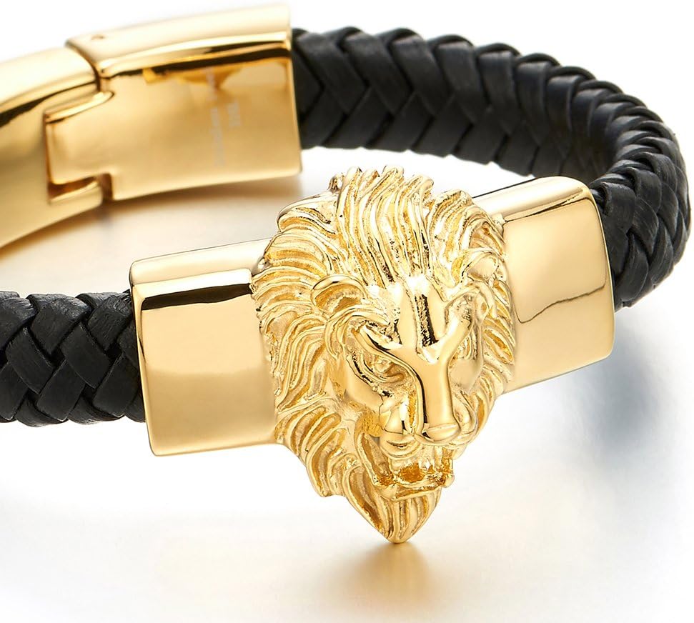 COOLSTEELANDBEYOND Mens Large Braided Leather Bracelet with Steel Lion and Genuine Leather Straps - Image 2