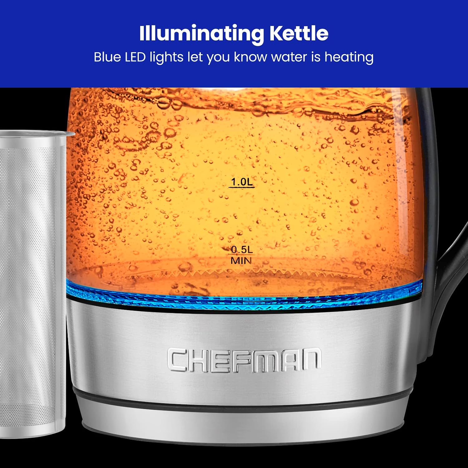 Chefman Electric Glass Kettle, Fast Boiling W/ LED Lights, Auto Shutoff & Boil Dry Protection, Cordless Pouring, BPA Free, Removable Tea Infuser, 1.8 Liters, Stainless Steel