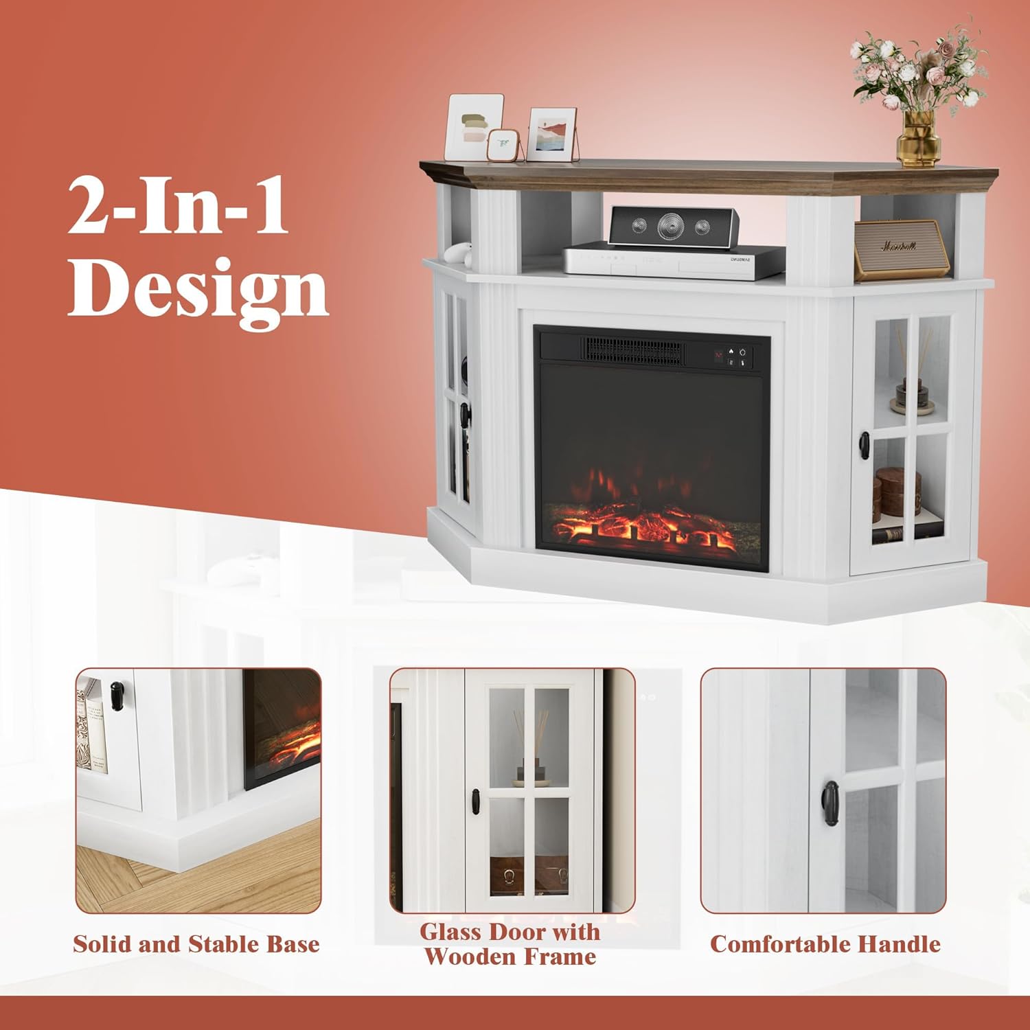Close-up images showing the solid and stable base of the TV stand, a glass door with wooden frame, and a comfortable handle.
