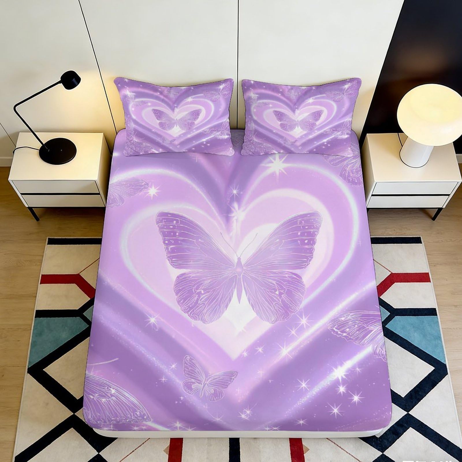 K1r3d9e5 Style-1 3D Printed Purple Heart Butterfly Fitted Sheet Microfiber Soft Bed Cover Anti-Slip Bedroom Guest Room Decor Easy Care 90X200x25cm