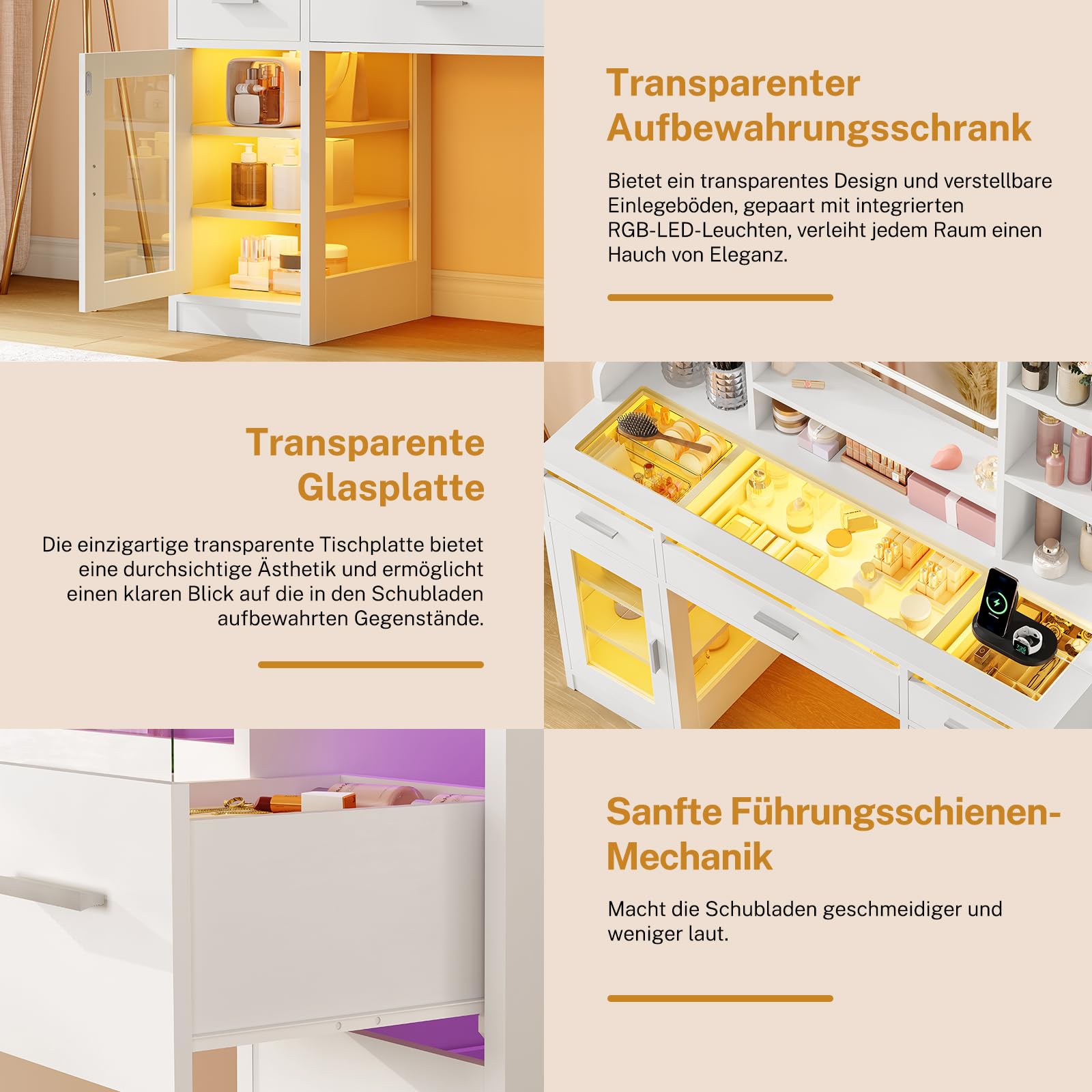 TEENFON Schminktisch mit Glasplatte, LED-Spiegel und RGB-Lichtleiste, Helligkeit Einstellbar, 3 Schubladen und 2 Schränke, inklusive Steckdosen, Für das Schlafzimmer, Weiß