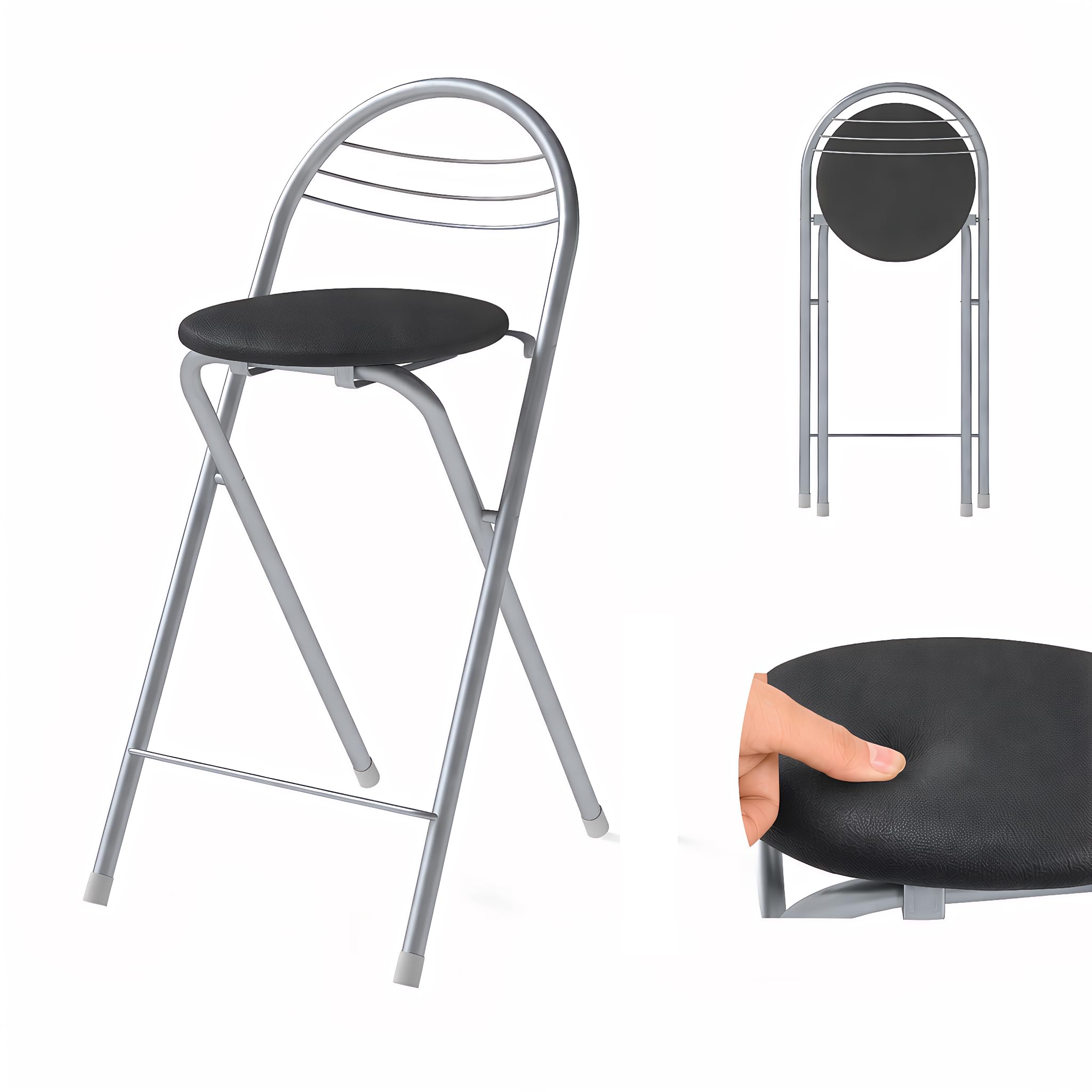 Tabouret Bar Pliant avec Rembourrage, Chaise Cuisine avec Dossier, Hauteur Assise 61 cm, Aucun Assemblage requis, Tabouret Pliant Portable, pour Cuisine, Salon, Salle à Manger, Noir et Argent