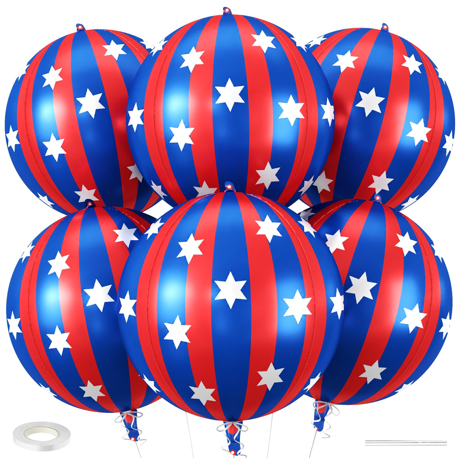 Red Blue Star Round Foil Balloons, 22 inch 4D Helium Sphere Mylar Balloon, Metallic Foil Baloon for Birthday Graduation US Independence Day Anniversary New Year Eve Disco Party Decorations