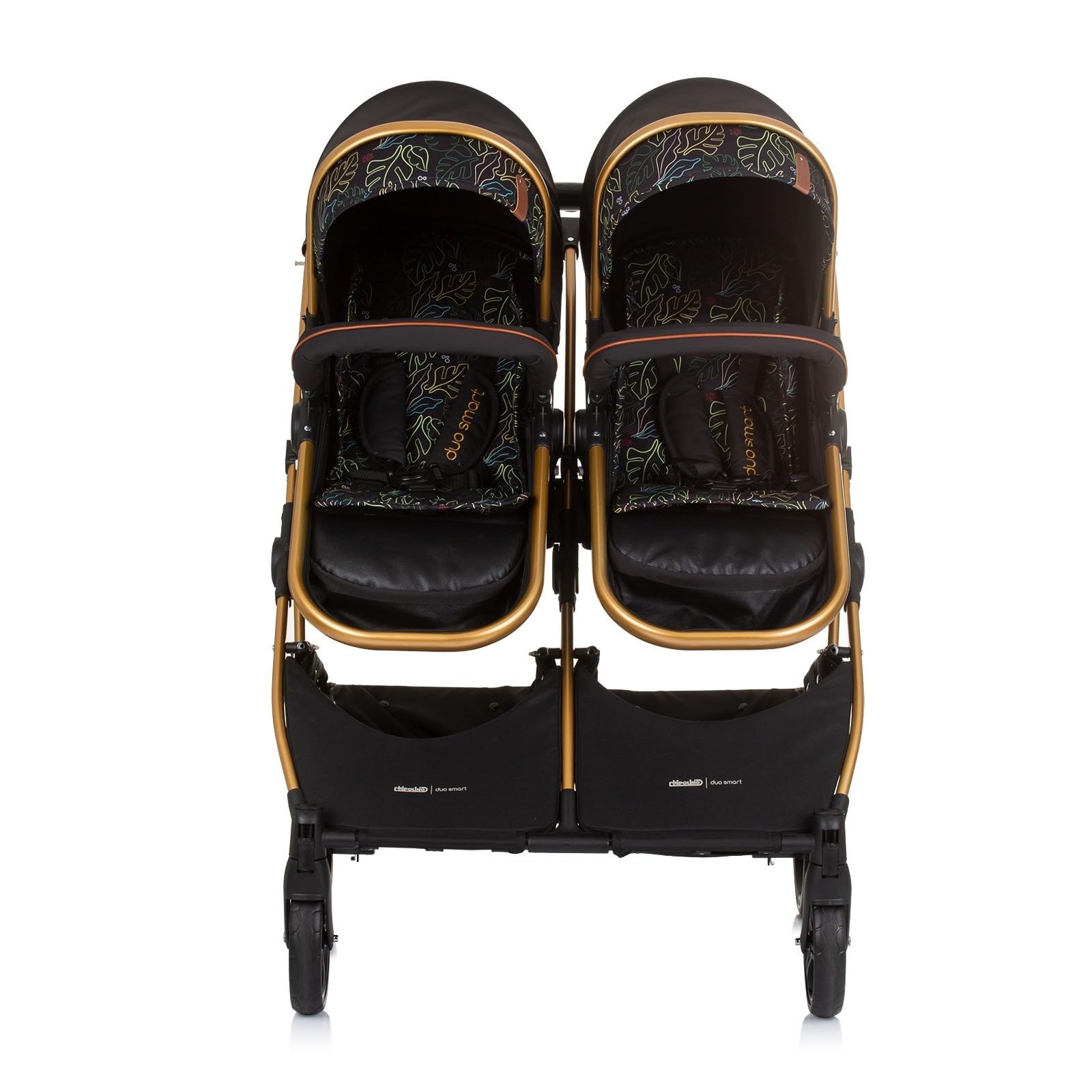 DUO SMART Poussette jumeaux ou enfants rapprochés largeur 79 cm Noir/Feuilles + 2 cosy noir/feuilles