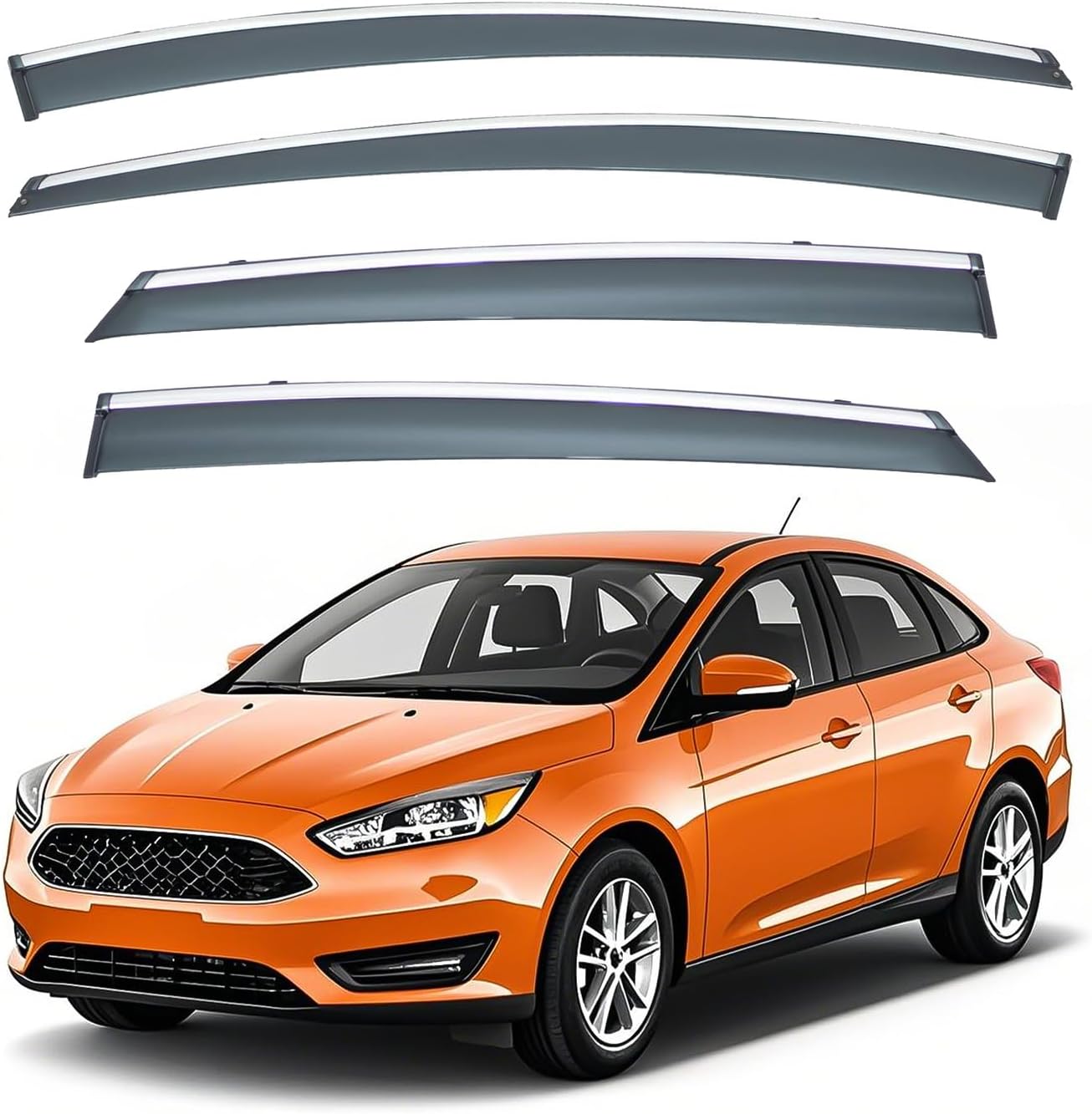 Deal 4-Piece Set Outside Mount Tape On/Clip On Type Smoke Tinted Sun/Rain Guard Vent Window Visors with Chrome Trim Compatible with 2012-2018 Focus All Models