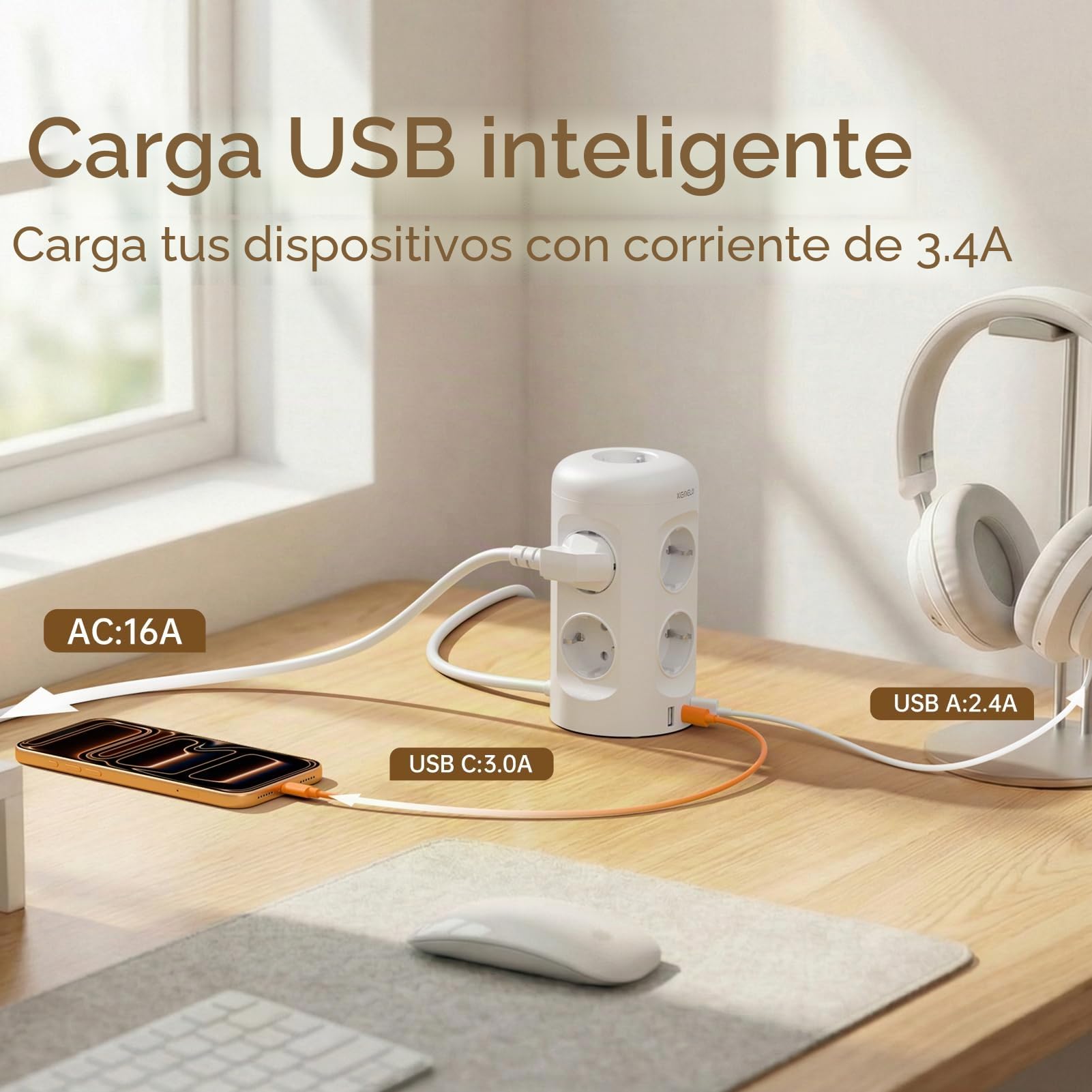 Regleta Enchufes con USB C, 12 en 1 Enchufe Multiple (9 AC y 3 USB), 3680W/16A, Regleta Enchufes Proteccion Sobretension, 2M Torre Enchufes Vertical con Interruptor para Mesa, Oficia, Casa, Blanco