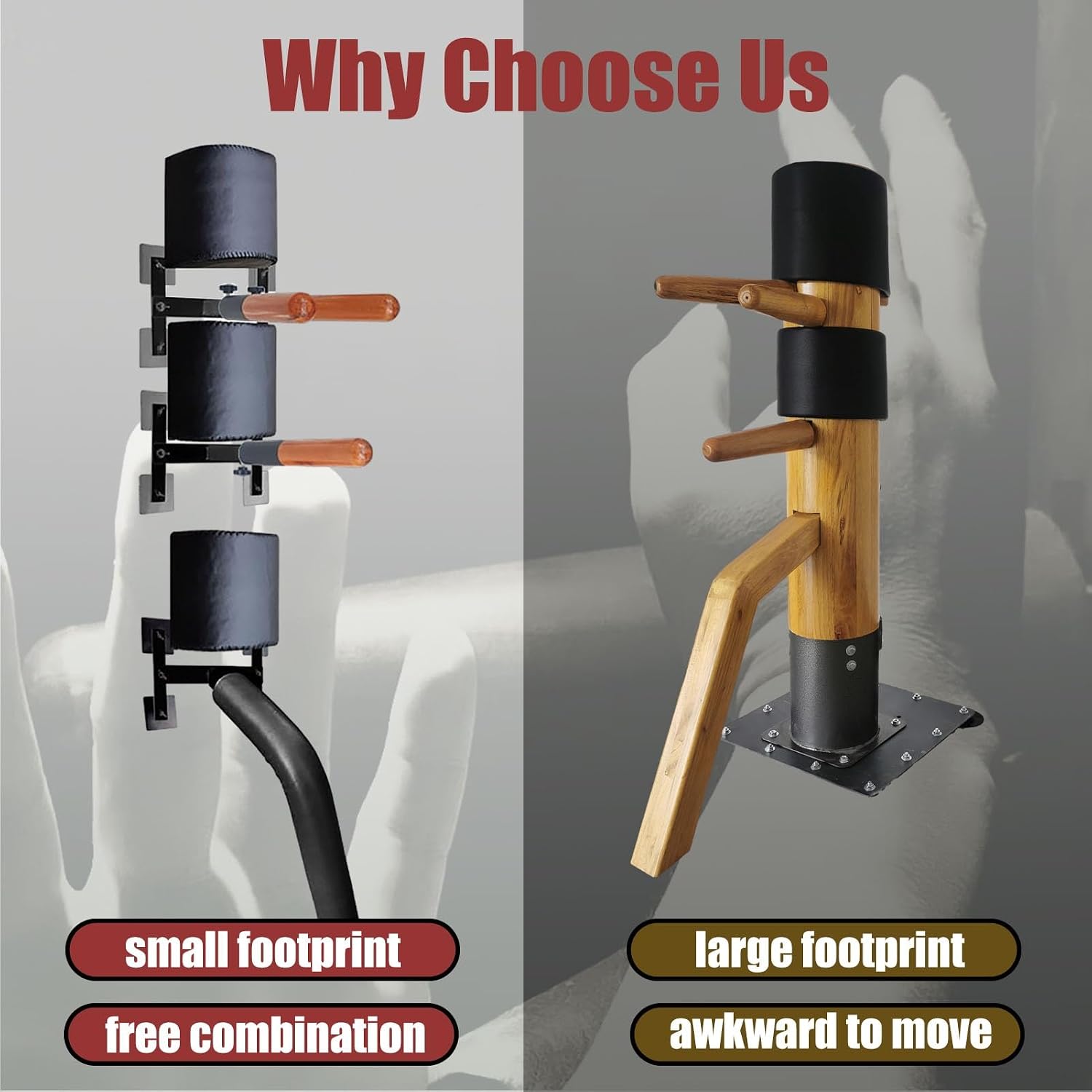Wing Chun Dummy Kick Punching Kong Fu Stand, Wall Mount Wing Chun Dummy Martial Arts Equipment, Wooden Wing Tsun Training Target, Taekwondo Practice Board with Spring