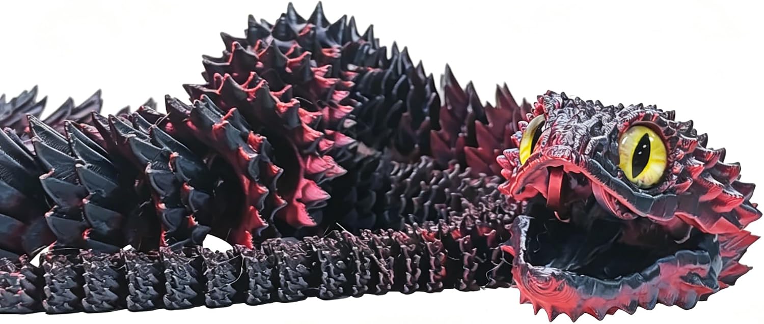 3D Printed Articulated Viper Model, 23.62 Inch Flexible Joint Realistic Snake Home Decor, Stress Relief Collectible for Adults, Creative Office Desktop Ornament (Black Red)
