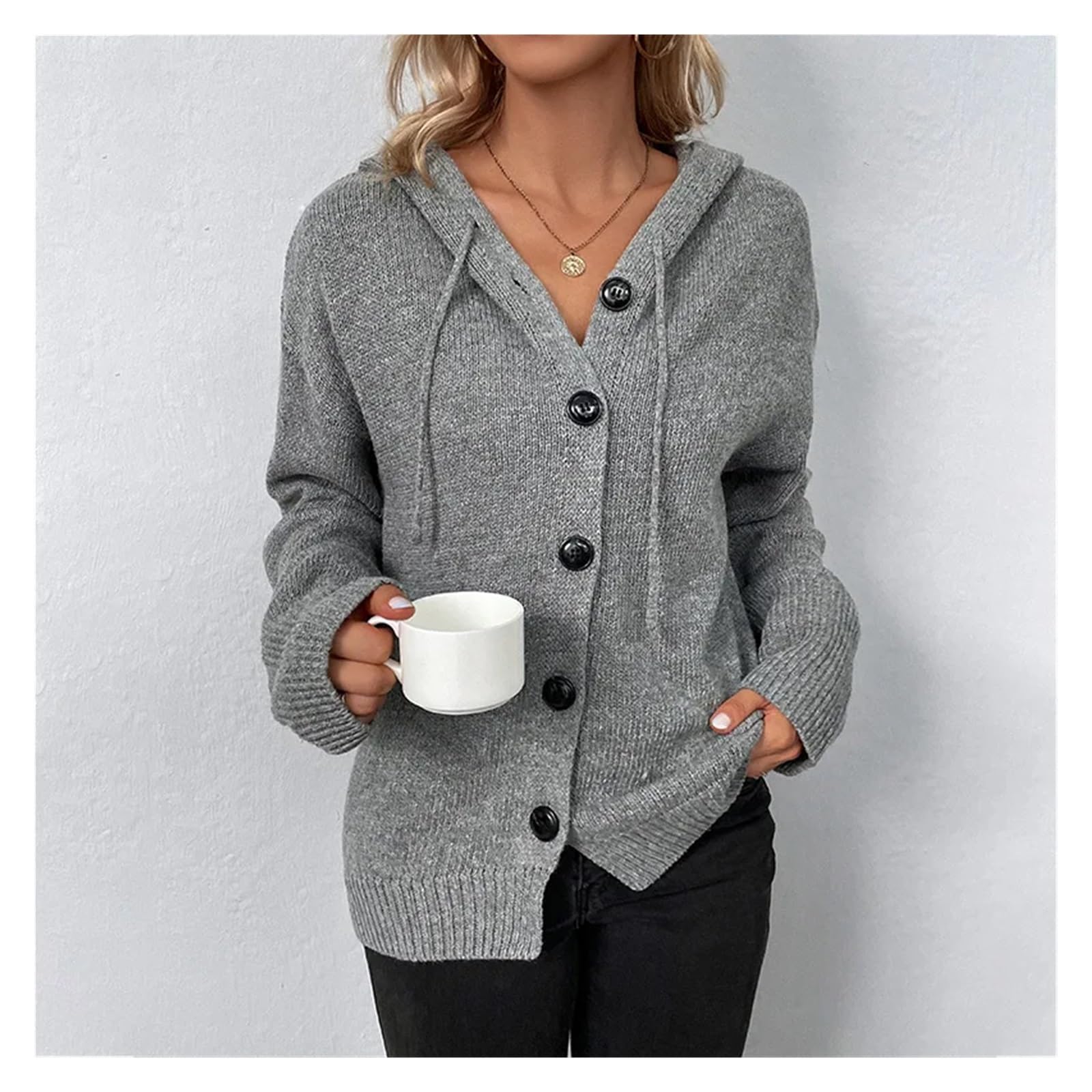 Sudadera con Capucha de Punto con Botones y Manga Larga for Mujer, Chaqueta con Capucha, cárdigan for otoño e Invierno, Atuendo Informal for Mujer(Gray,M)