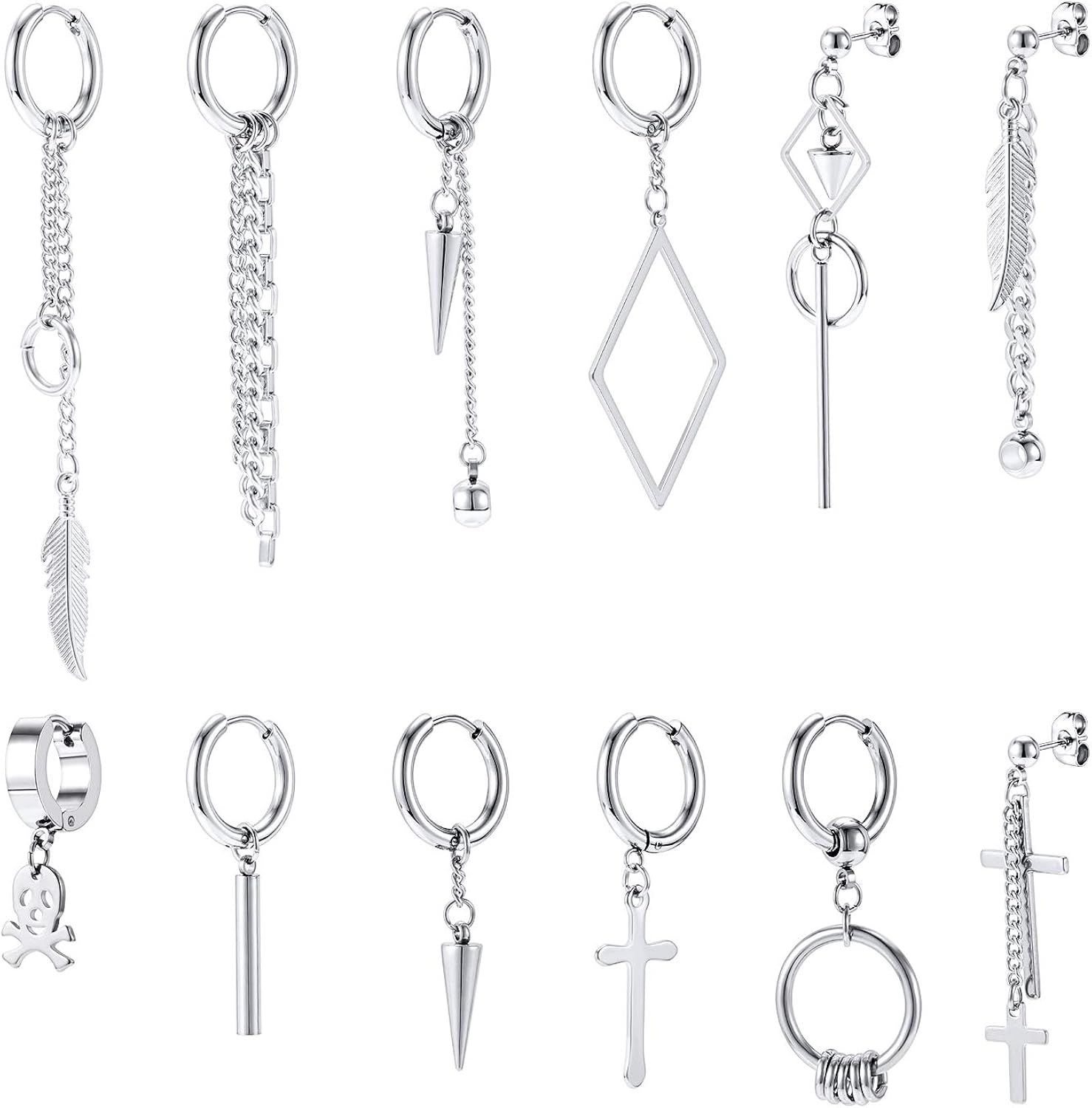 12 Pcs Dangle Cross Earrings for Men Surgical Steel Earrings Sets Dangling Chain Hypoallergenic Earrings Hoops