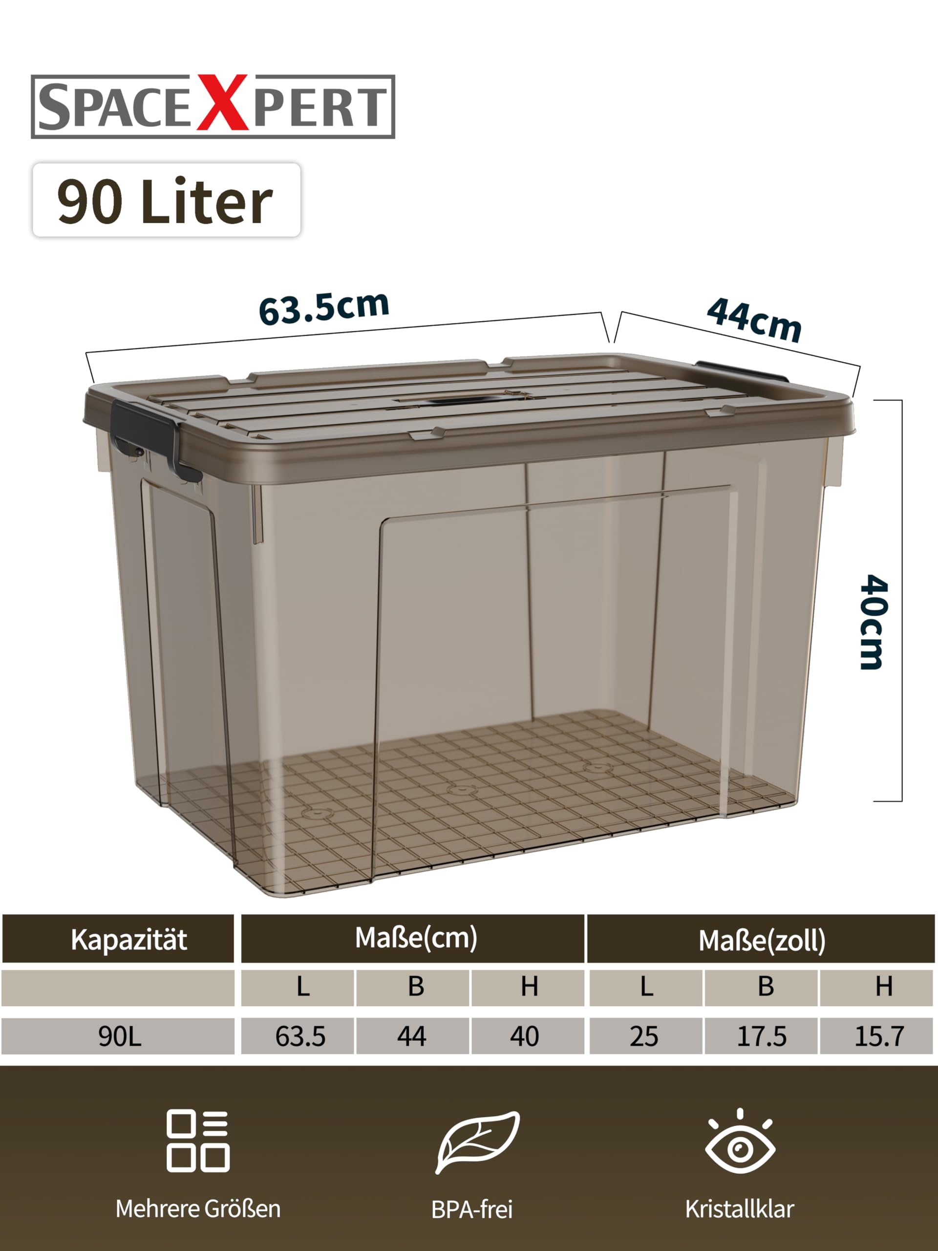 Cajas de Almacenamiento de Plástico con Tapa y Asa 90L, Contenedor Apilable Resistente para Hogar, Oficina y Garaje, Fácil Transporte, Transparente Marrón Polipropileno, 90L (Paquete de 6)