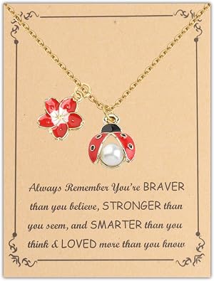 FUSTMW Ladybug Pendant Necklace - Inspirational Gifts for Women Red Flower