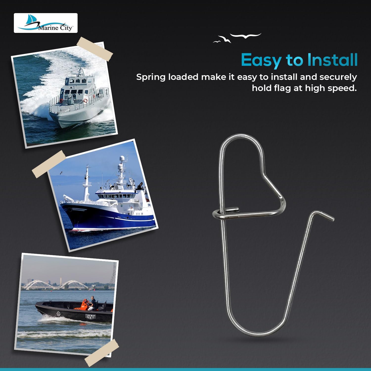 MARINE CITY 304 Stainless Steel Antenna Flag Clips, Rust Proof, Marine Boat Flag, for Flag Pole, Pole Accessories