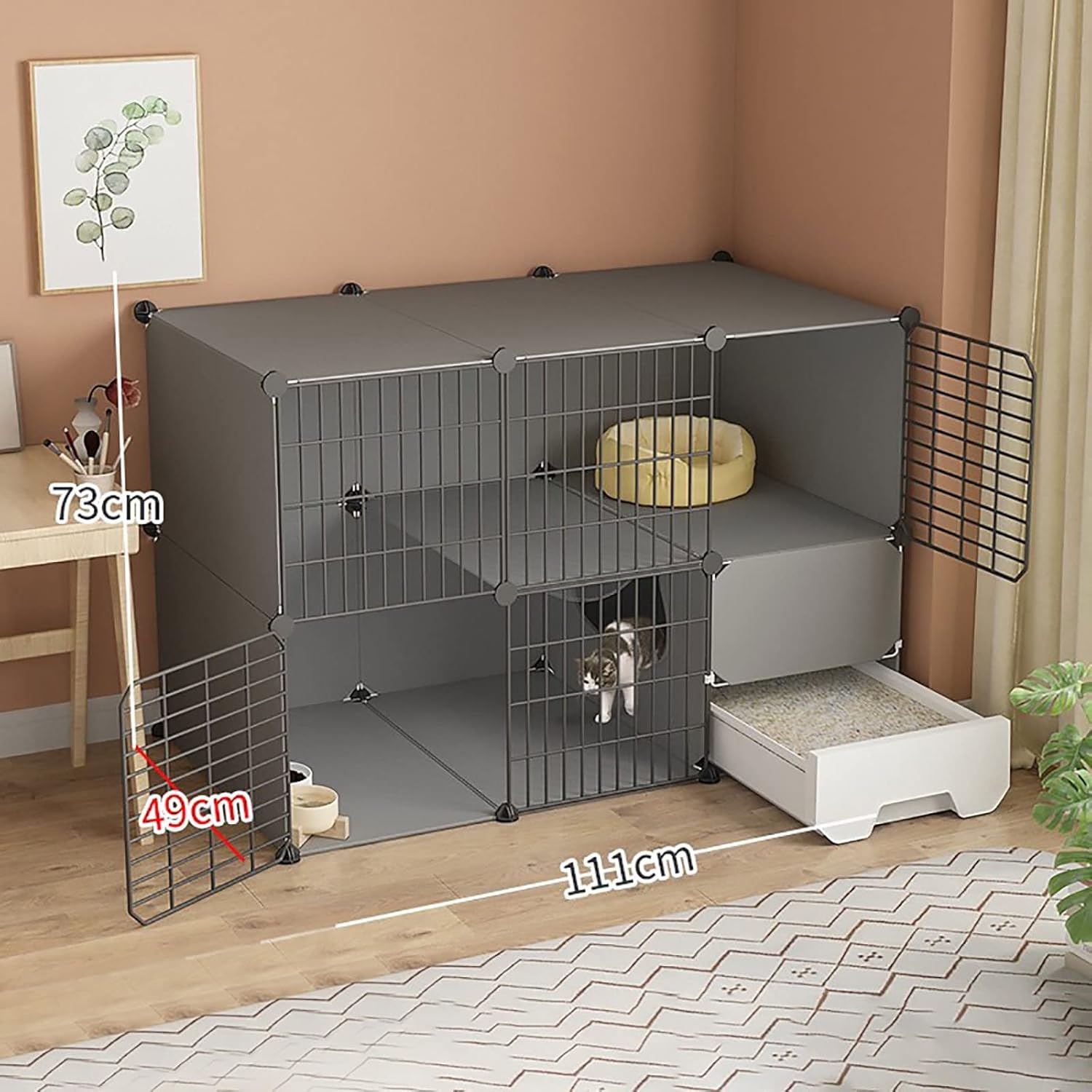 Cat Cage with Cat Litter Box,Cat Cages Indoor 2/3 Tier Cat Crate Pet Cages for Cats,Exercise Place Ideal for 1-3 Cat,A Great Helper for Pet Management and Activities,111x49x73cm