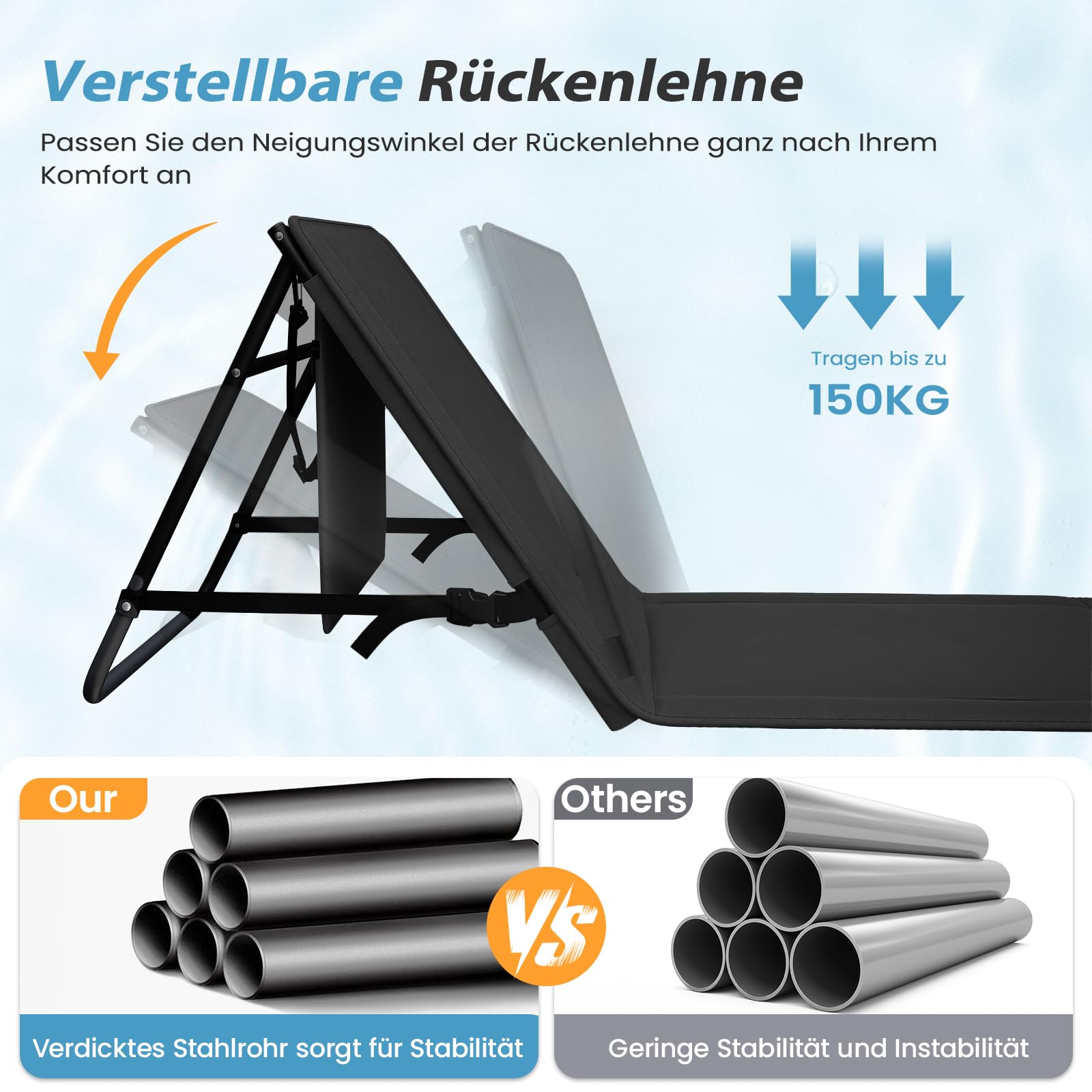 UDPATIO 2er Set Strandmatte mit Rückenlehne 195 cm, Strandstuhl, Verstellbare Strandliege Klappbar Leicht, Faltbare Sonnenliege für Strand, 150kg Belastbar, Sonnenmatte Gepolstert mit Tasche, Schwarz