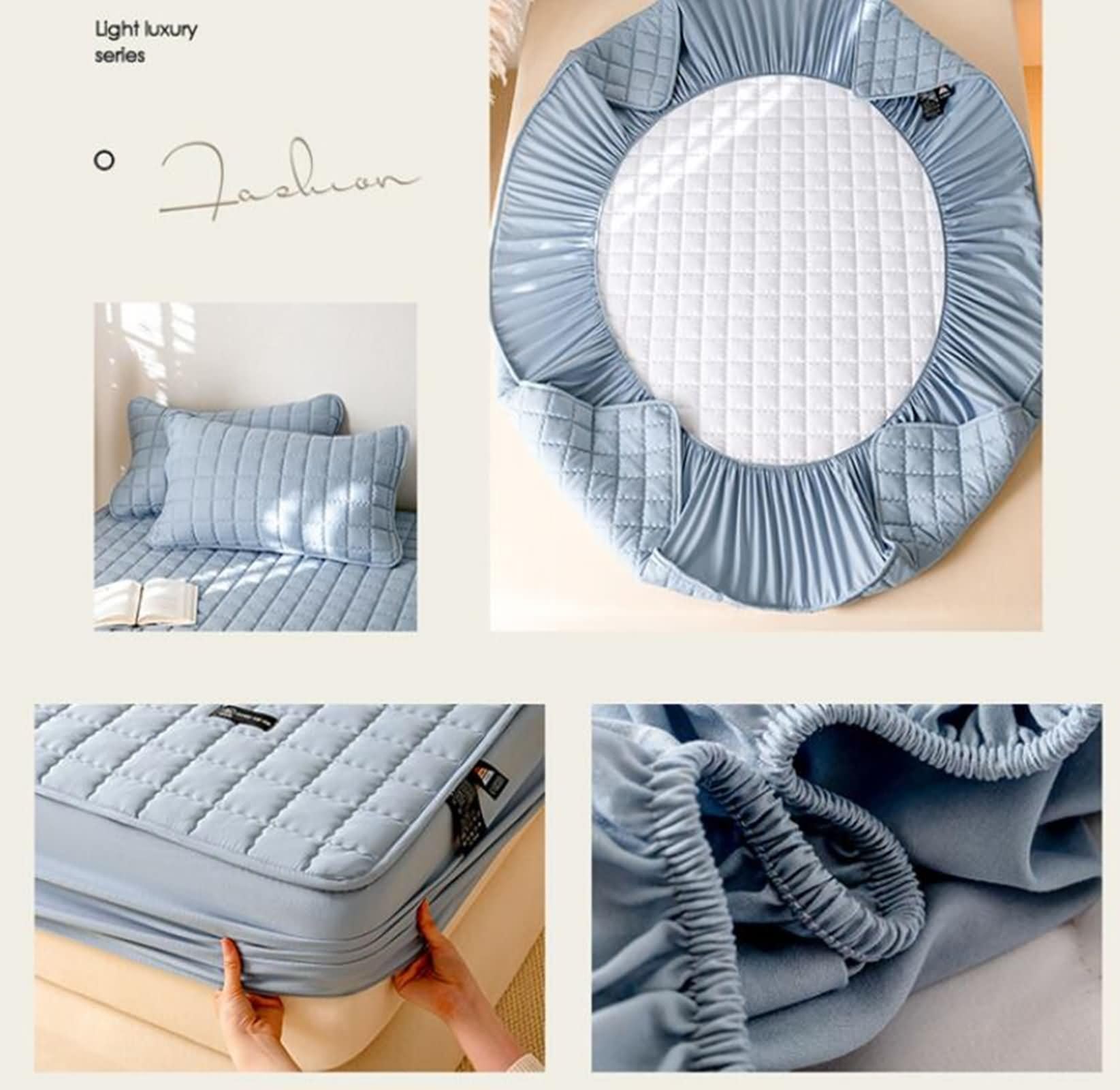 Drap Housse Polyester Coton Lit Simple avec Elastique, Couleur Unie avec Motif à Carreaux, 120 x 200 CM, Bleu