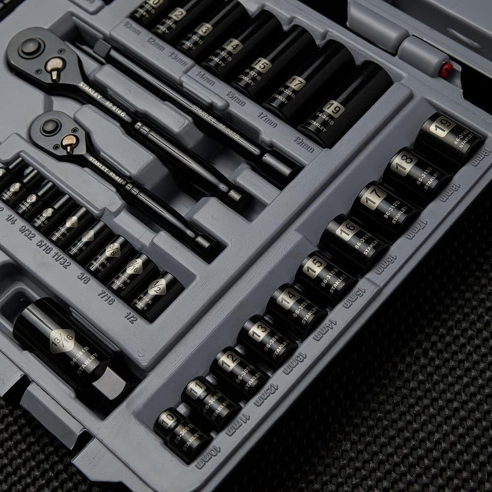 STANLEY Mechanics Tool Set, SAE, 1/4 in. & 3/8 in Drive, 69 Piece, Black Chrome (92-824)