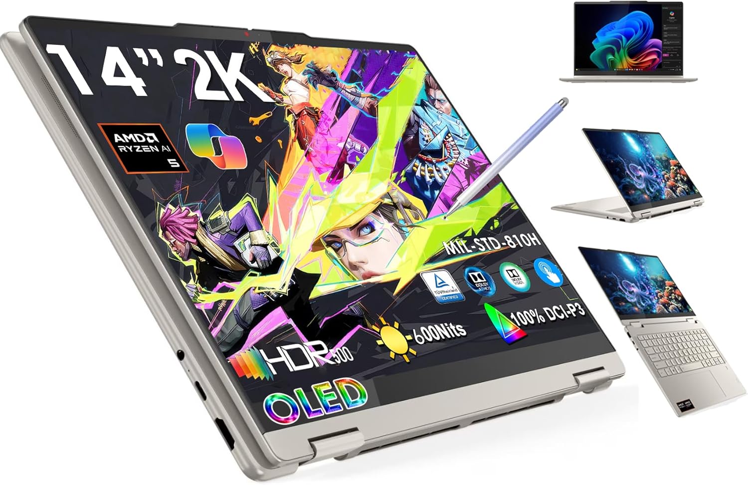 Lenovo Yoga 7 2-in-1 Copilot+ AI PC Laptop | 14" WUXGA OLED Touch (100% DCI-P3, 600Nits) | AMD Ryzen AI 5 340 | for Creator Business Professional Win11 w/Stylus Pen (16GB RAM, 512GB SSD)