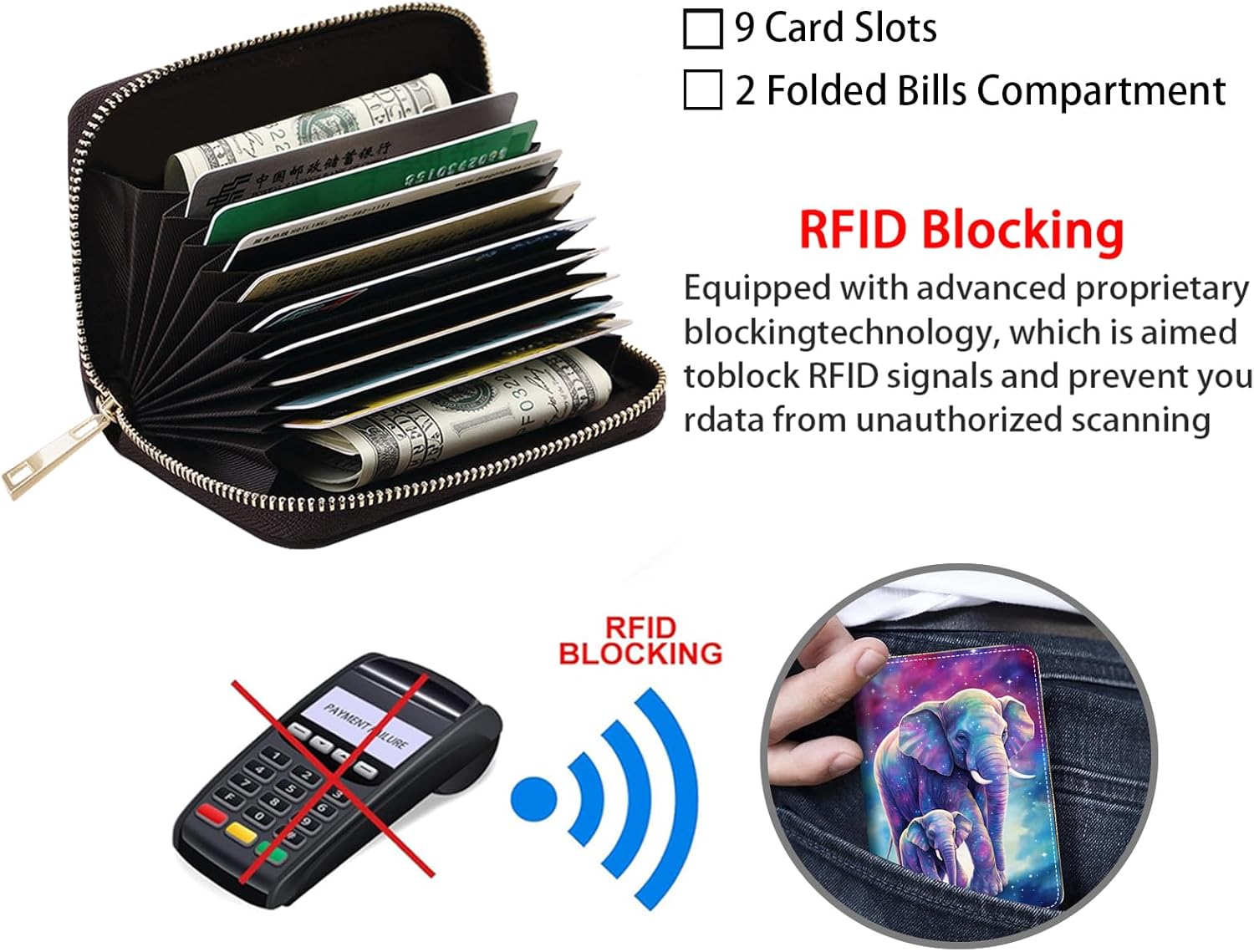 Credit Card Holder Wallets for Women, RFID Blocking Small Leather Card Case Wallet with Zipper Accordion Wallets, Elephant - Image 4