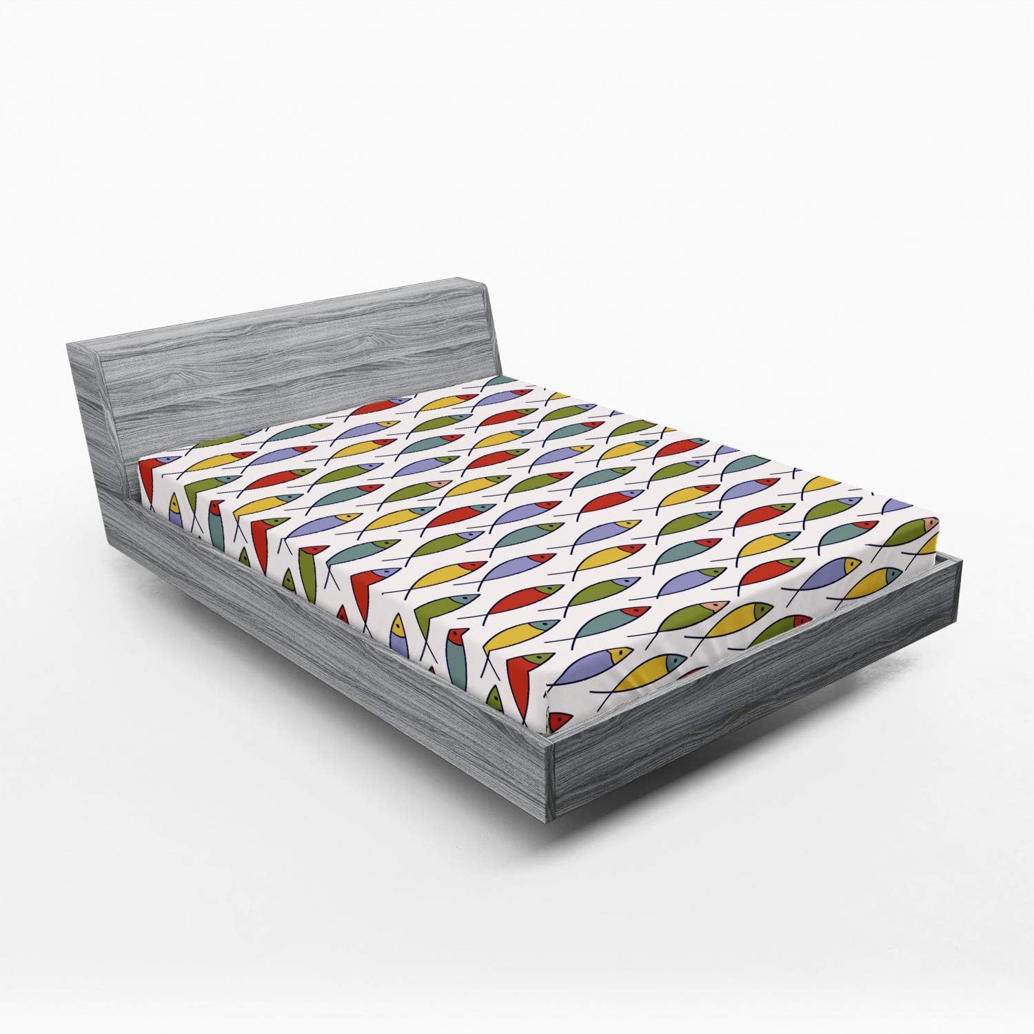 Ambesonne Underwater Fitted Sheet, Simplistic Floating Fish Forms in Row Aquatic Underwater Animal Design, Bed Cover with All-Round Elastic Deep Pocket for Comfort, Queen Size, Multicolor White