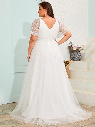 Ever-Pretty Plus Women's Lace V Neck A Line Short Sleeves Long Simple Bridal Gown Plus Size Wedding Dress for Bride