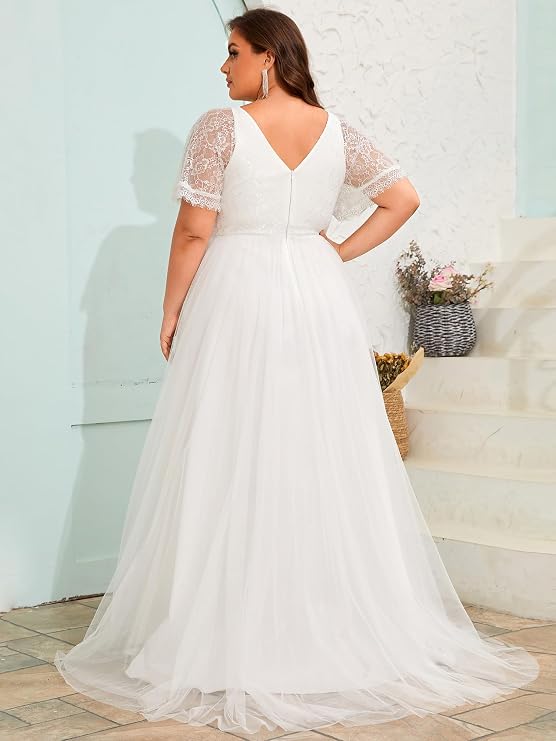Ever-Pretty Plus Women's Lace V Neck A Line Short Sleeves Long Simple Bridal Gown Plus Size Wedding Dress for Bride