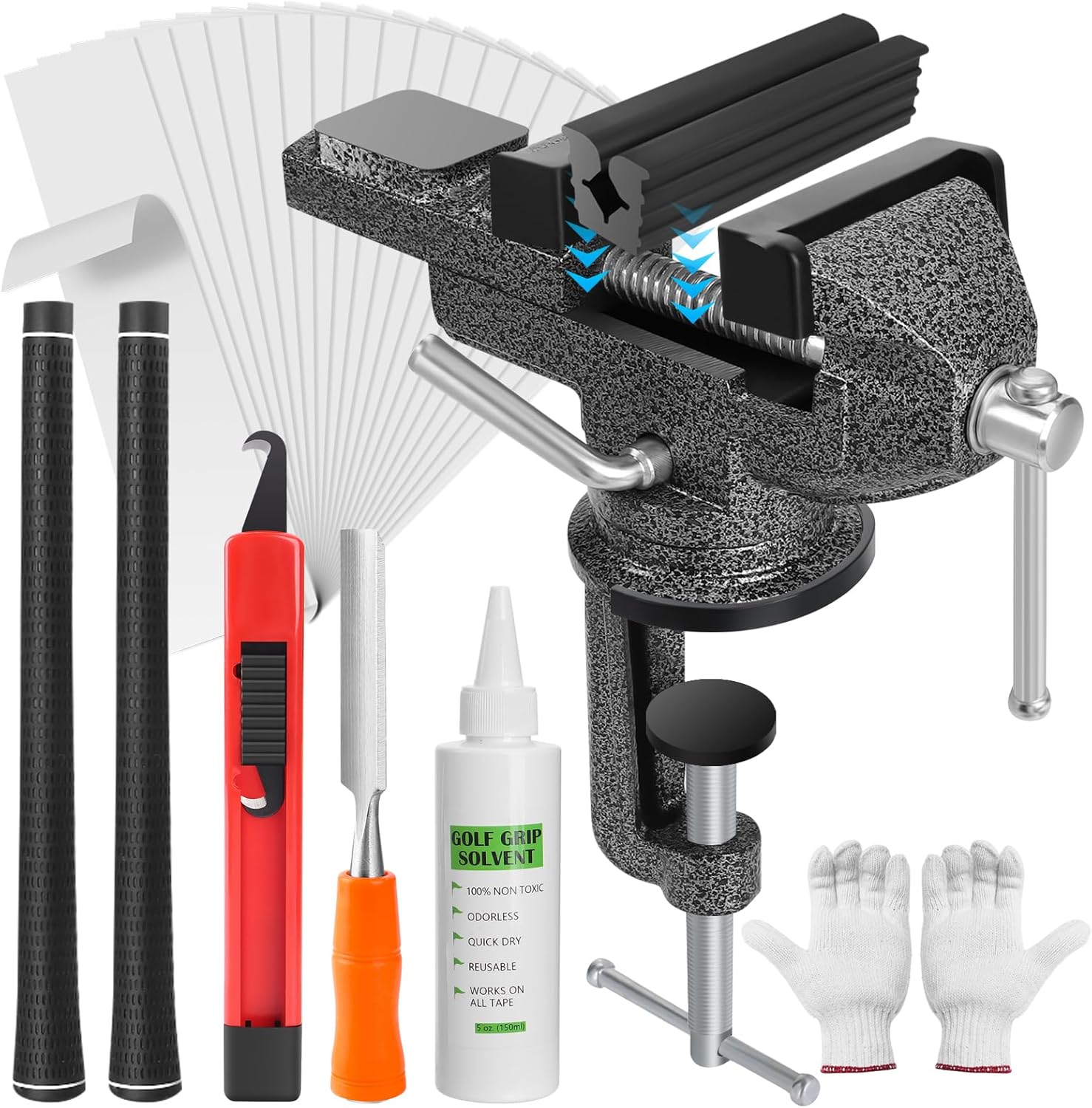 All-in-One Golf Grip Kit for Regripping Golf Clubs, 360° Swivel Portable Table Vise Rubber Clamp Golf Grip Removal Tool with Golf Grip Replacement Tape and Solvent, Golf Club Regripping Kit All In One Grip Kit