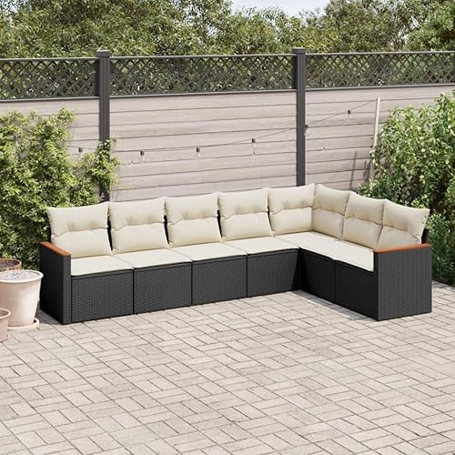 7-Piece Garden Sofa Set in Black and Cream White, Modern Outdoor Furniture with Cushioned Seating and Built-in Storage, Durable PE Rattan and Steel