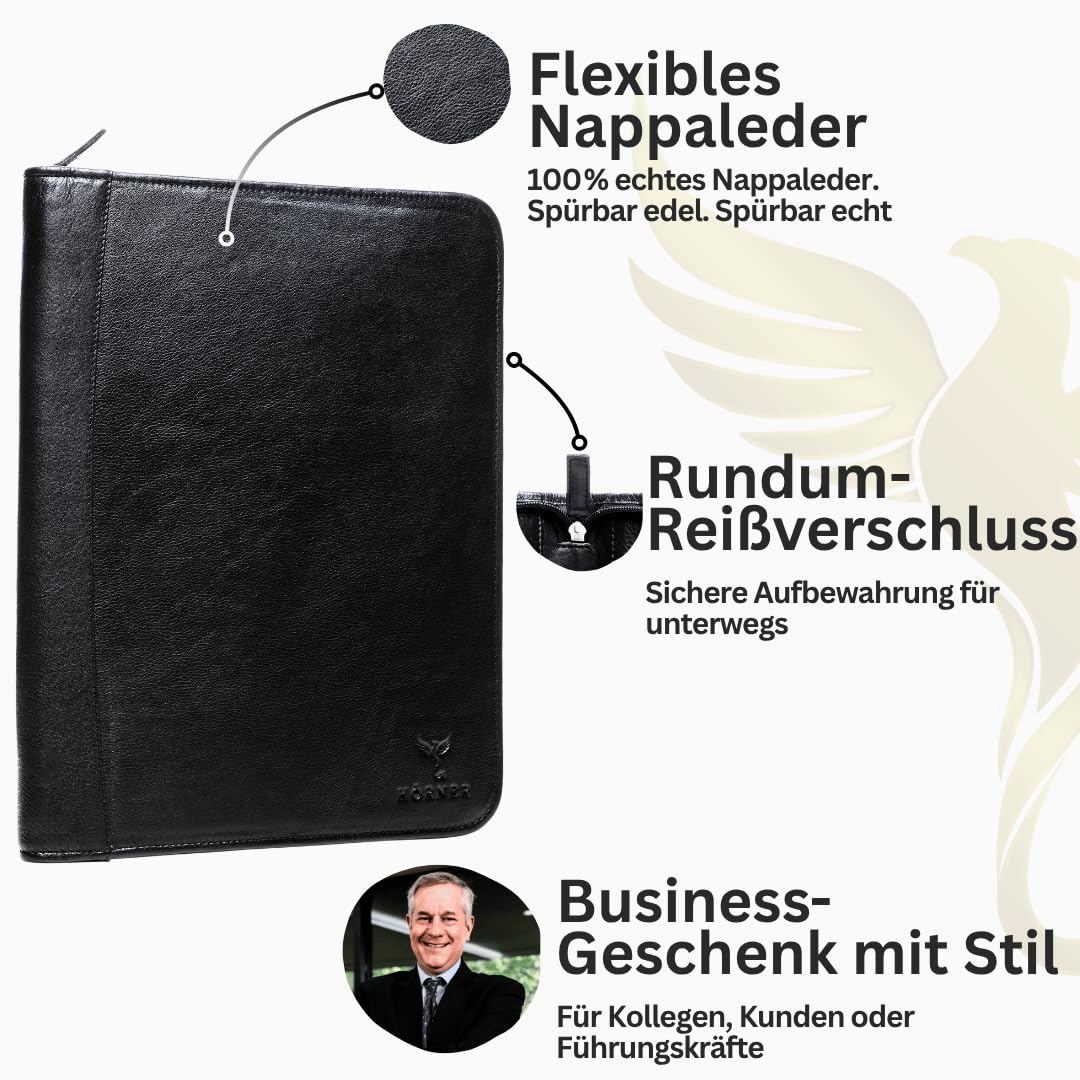 Konferenzmappe London aus 100% Echtleder, A4 – Business Schreibmappe/Organizer mit gepolstertem 12-Zoll-Tabletfach, Karten- & Reißverschlussfächern, umlaufendem Reißverschluss, schwarz