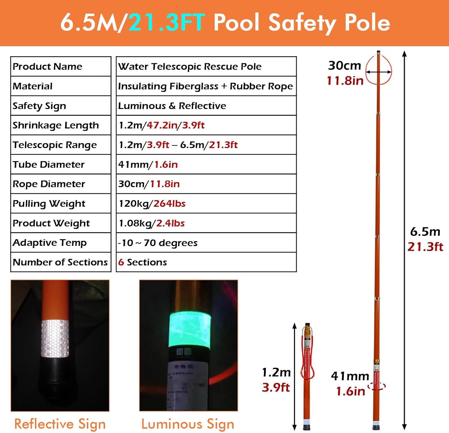 Telescopic Pool Rescue Hook & Pole - 21.3FT Fiberglass Lifesaving Stick for Drowning Prevention - 3-Pack Emergency Safety Equipment for Swimming Pools