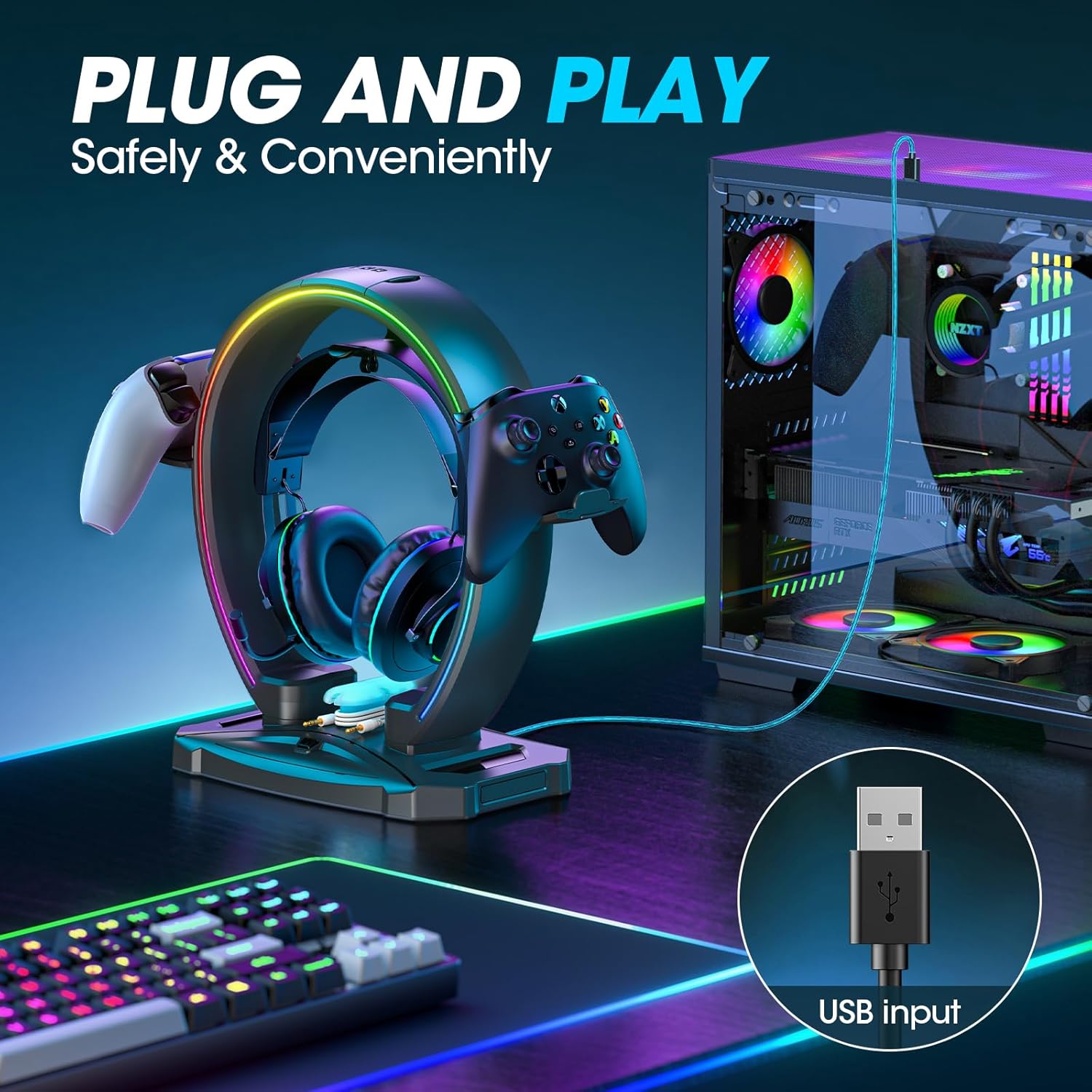 KDD RGB Headphone & Controller Stand with 9 Light Modes - Foldable Controller Hanger for Desk - Earphone Stand with Cable Organizer - for Gamers Desktop Accessories