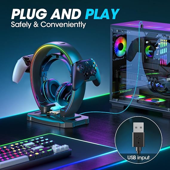KDD RGB Headphone & Controller Stand with 9 Light Modes - Foldable Controller Hanger for Desk - Earphone Stand with Cable Organizer - for Gamers Desktop Accessories