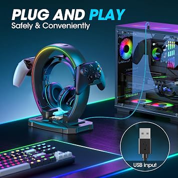 KDD RGB Headphone & Controller Stand with 9 Light Modes - Foldable Controller Hanger for Desk - Earphone Stand with Cable Organizer - for Gamers Desktop Accessories