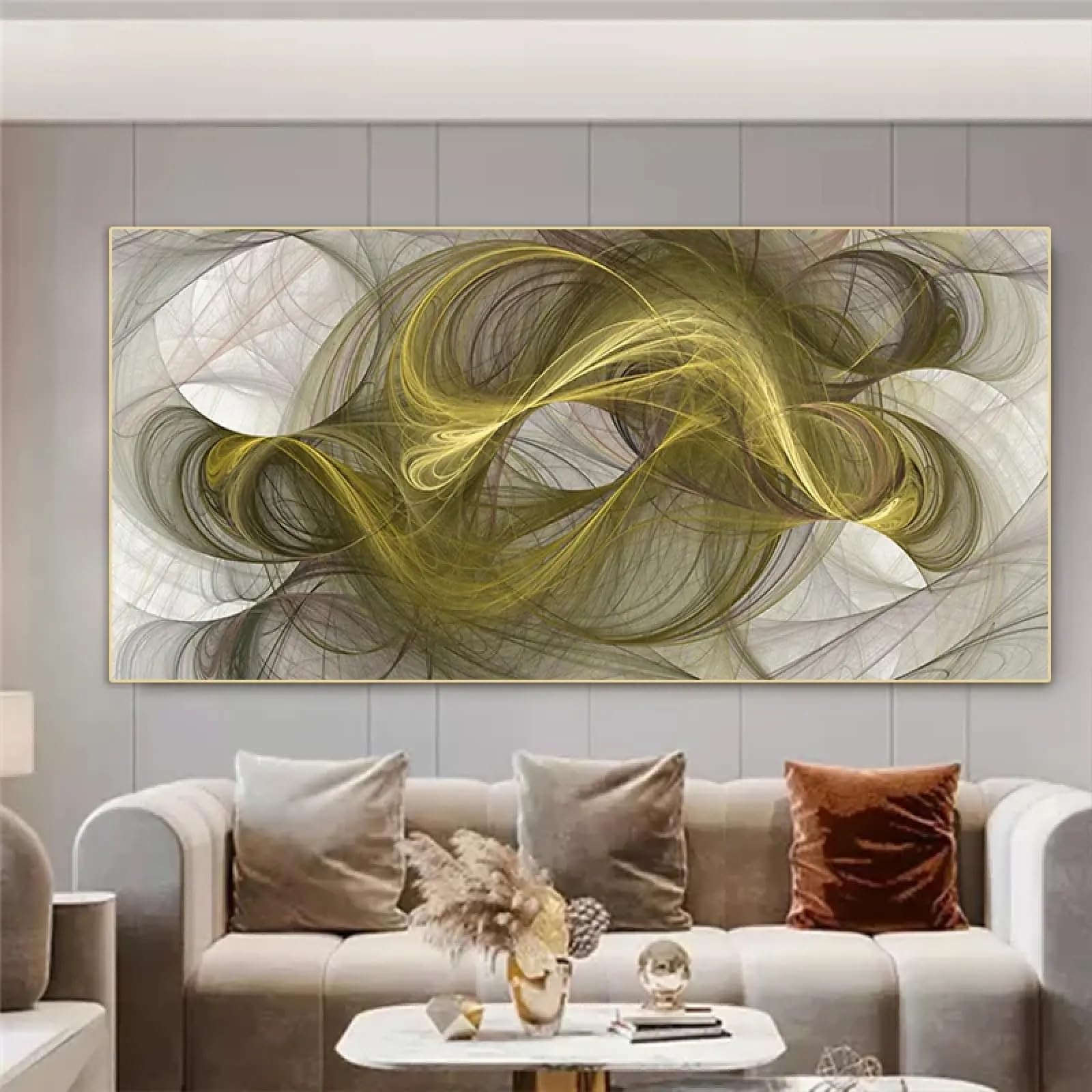 Décoration de salon moderne avec tableau abstrait géométrique encadré