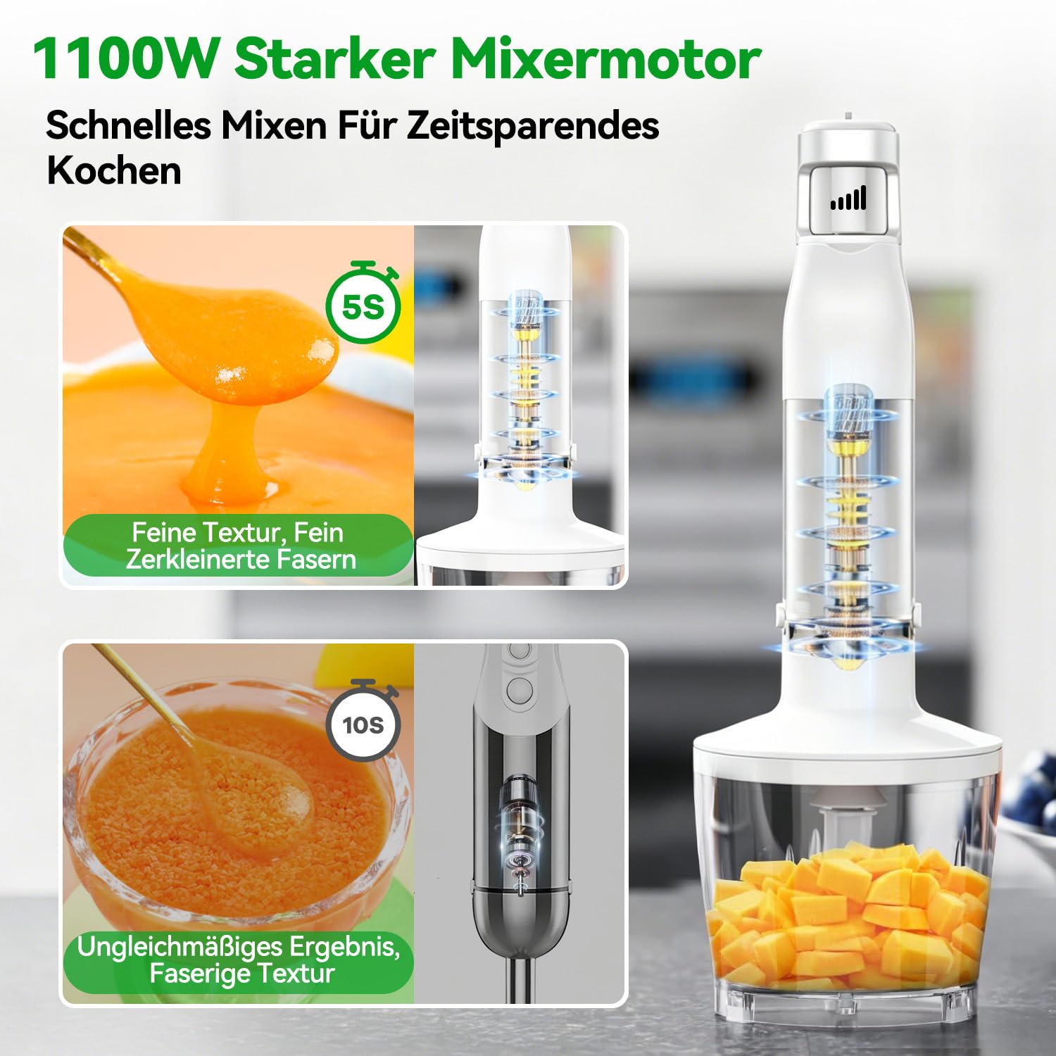 Stabmixer Set 5 in 1, 1100W Pürierstab Elektrisch, Edelstahl Hand Blender