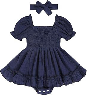 GRNSHTS Baby Girl Romper Dress, Puff Sleeve Smocked Outfit with Headband for Infants Soft Cotton Photo Shoot
