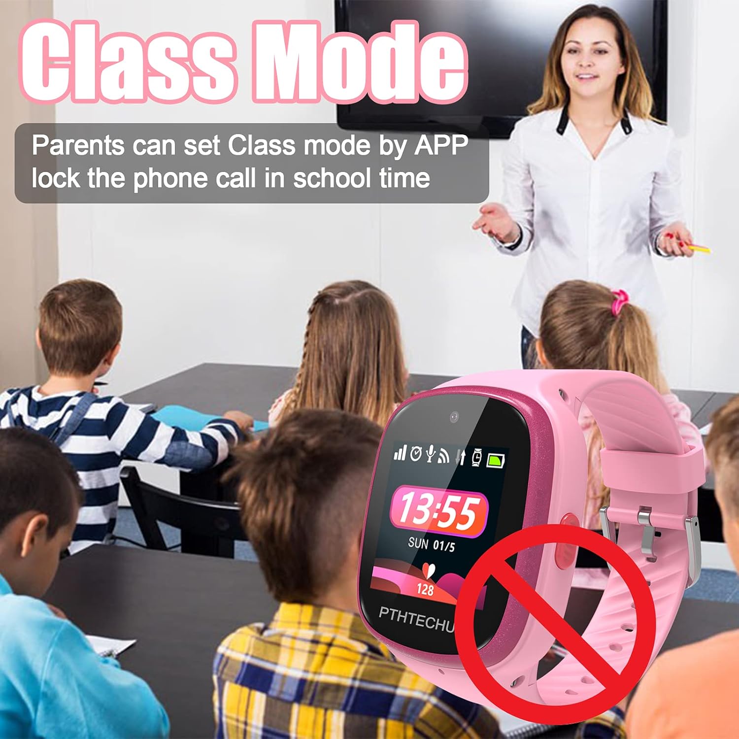 Class Mode feature showing a smartwatch with a 'no phone call' symbol in a classroom setting