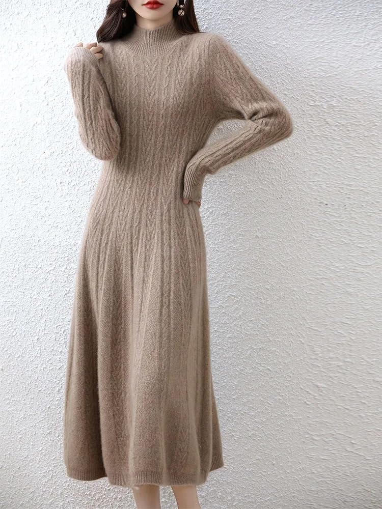 Elegant Dresses Cashmere Sweater Knitted Long Dress Wool Women Turtleneck Office Skirt Autumn Winter