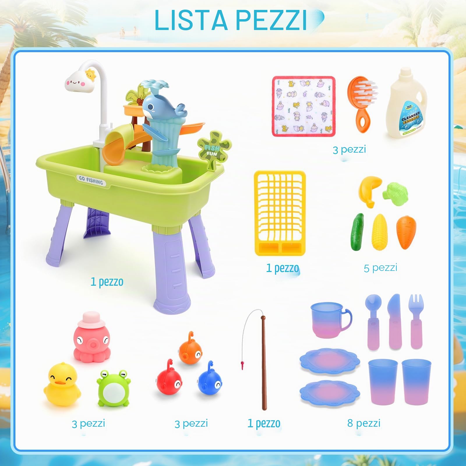 deAO Lavandino Giocattolo Bambini 4 in 1 con Rubinetto Funzionante, 3+ Anni | Tavolo Acqua/Sabbia, Cucina, Pesca, BPA-Free, per Interno/Esterno, Giardino, Spiaggia, Gioco Educativo, Regali per Bambini