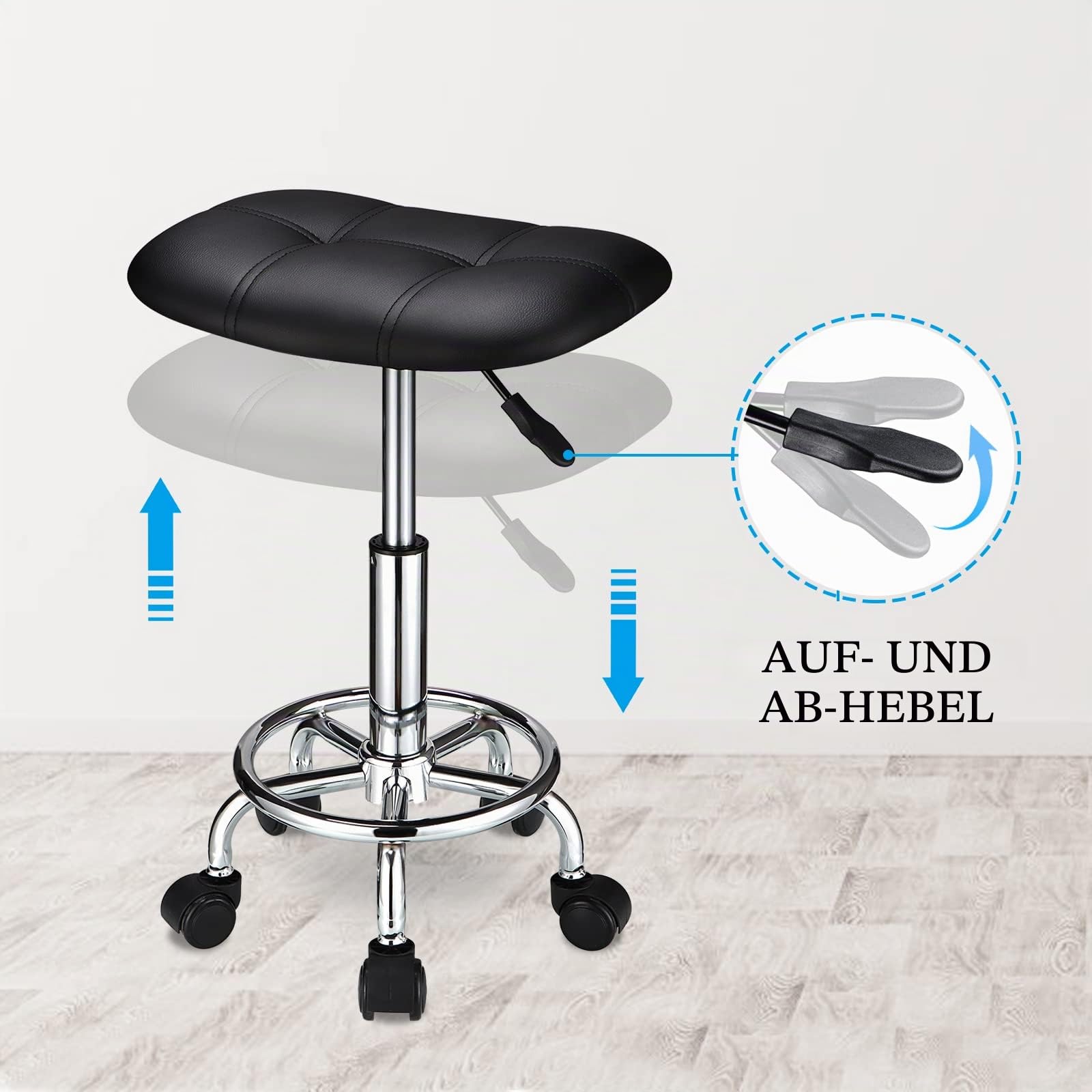 HMTOT Rollhocker quadratisch mit Rollen höhenverstellbar Drehhocker schwarz