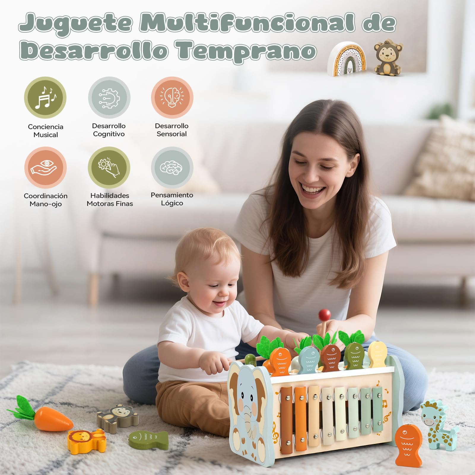 Juguetes Montessori 1 Años, 6 en 1 Juguetes Niños 1 Año, Juguetes Madera con Martillo, Xilofono Bebe, Juego de Pesca, Juegos Sensoriales Educativos Regalo Niño Niña 1 2 3 Años Cumpleaños Navidad
