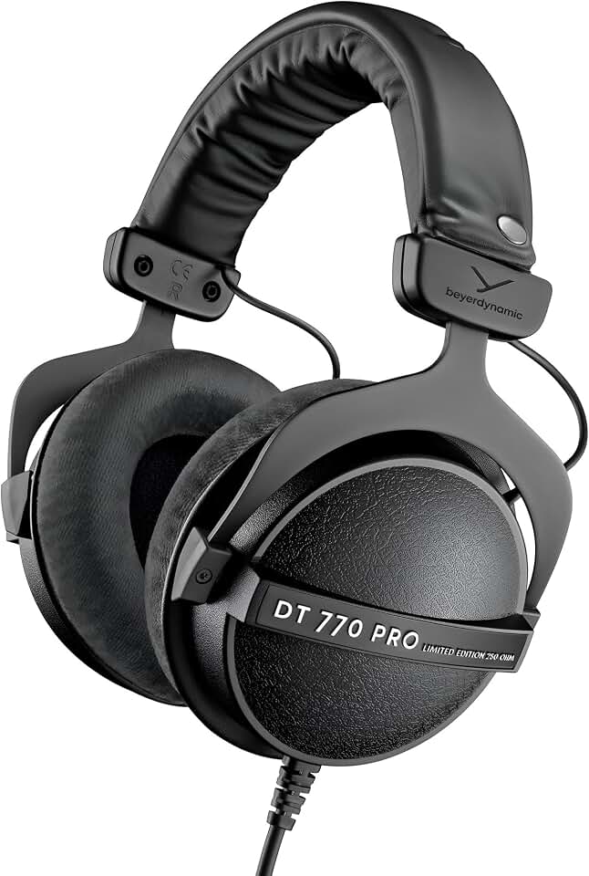 beyerdynamic DT 770 PRO, 250 Ohm, Closed Back, Over Ear, Wired Professional Studio Headphones, Audio Monitors, Audiophile, 3m Coiled Cable, Black with Limited Edition Black Velour Ear Pads