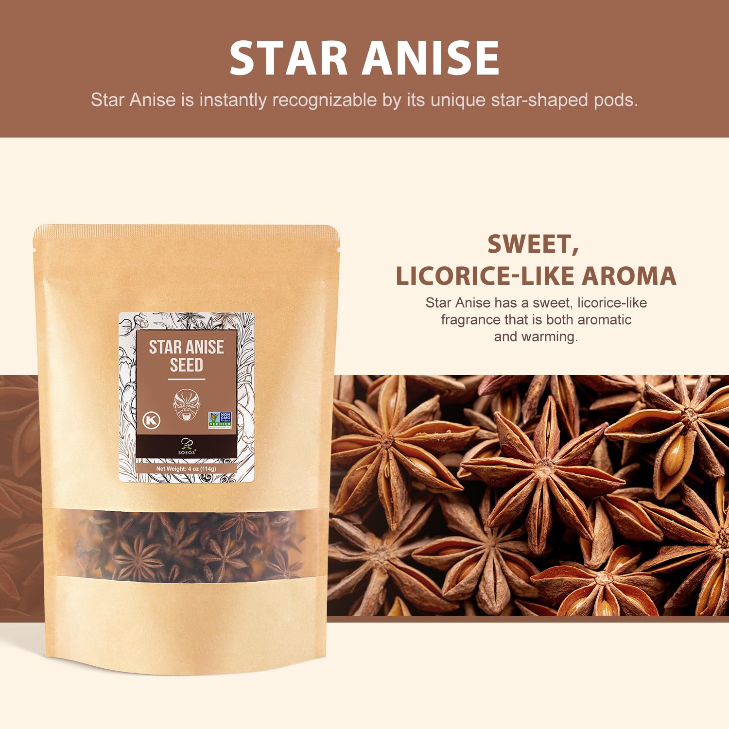 Soeos Cinnamon Sticks, Whole Cloves, and Star Anise, Bulk Spices Set, 12 oz Total (4 oz Each), Premium Whole Spices for Cooking, Baking