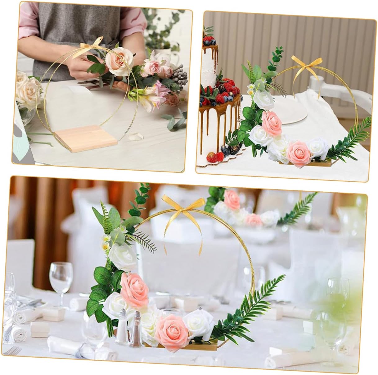 GANAZONO 1set Floral Hoop Centerpiece Stand Wreath for Wedding Decor Table Decoration and Floral Arrangements Includes Hoop Ribbon Non- Pads