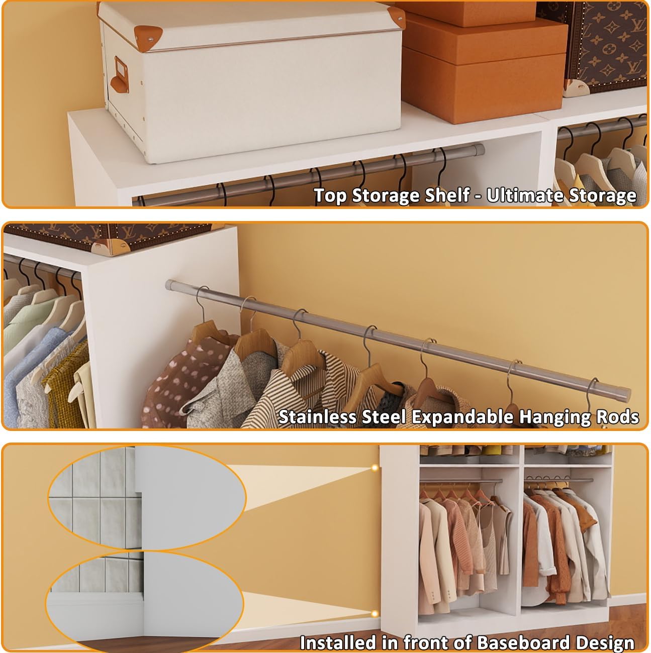 Closet System, 2FT Wood Closet Organizer System Small Walk-in Closet Freestanding Corner Closets Shelf Storage with 3 Hanging Rods, Modular Closet Systems White (2FT)